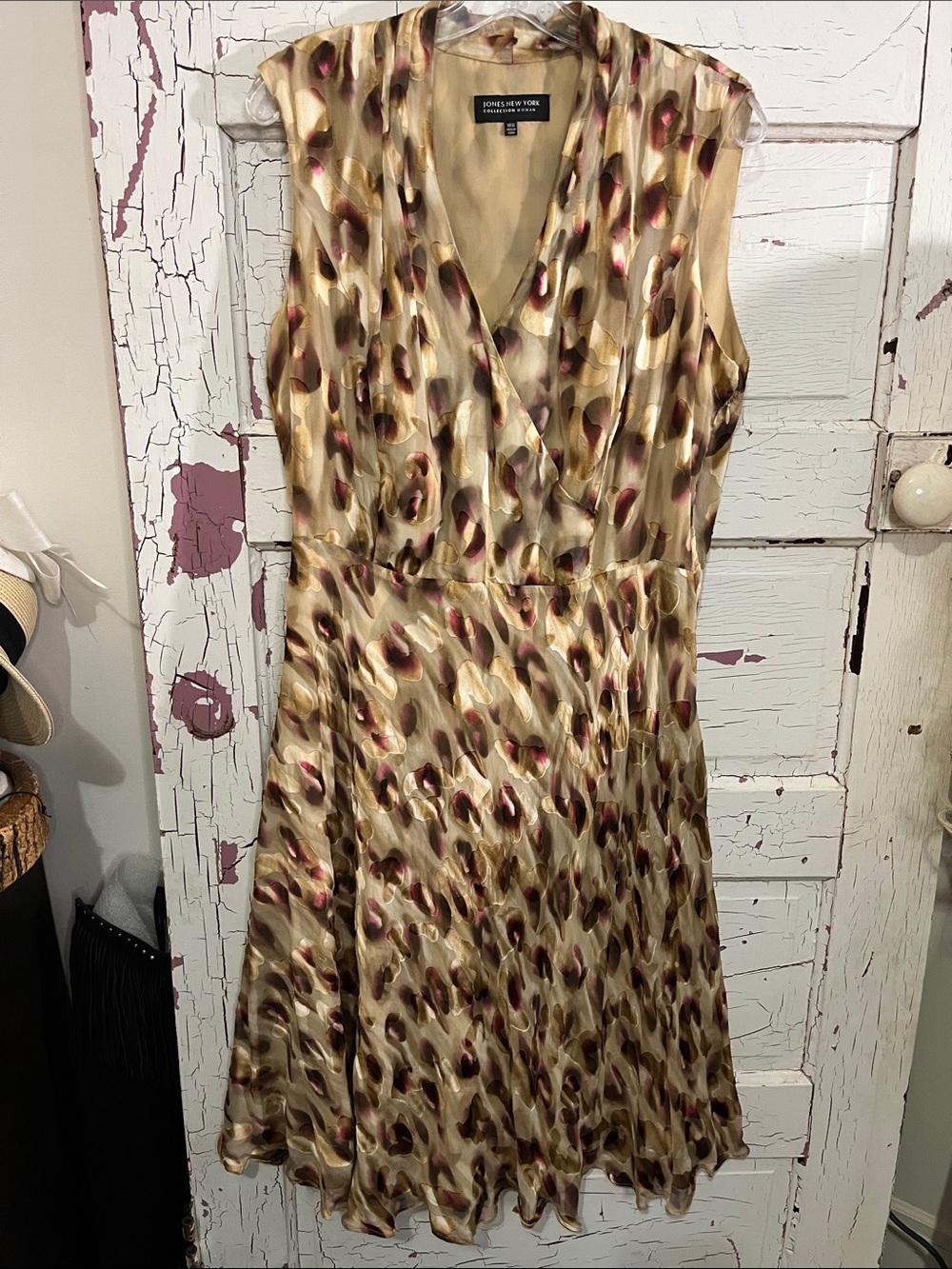 Jones New York SILK Blend Tan & Burgundy Printed Sleeveless Midi Dress Sz 14W